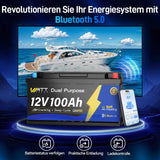 Wattcycle 12V 100Ah Dual Purpose Marine Cranking LiFePO4 Lithium Battery Bluetooth 1200CCA / 1500MCA, Starting Lithium Batterys with Self-Heating, Built-in 200A BMS, Perfect for Trolling Motor, Boat