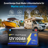 Wattcycle 12V 100Ah Dual Purpose Marine Cranking LiFePO4 Lithium Battery Bluetooth 1200CCA / 1500MCA, Starting Lithium Batterys with Self-Heating, Built-in 200A BMS, Perfect for Trolling Motor, Boat